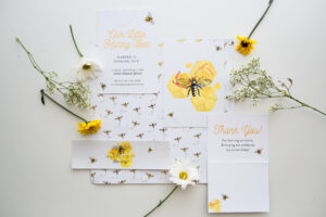 honey bee party invitation suite with fresh flowers